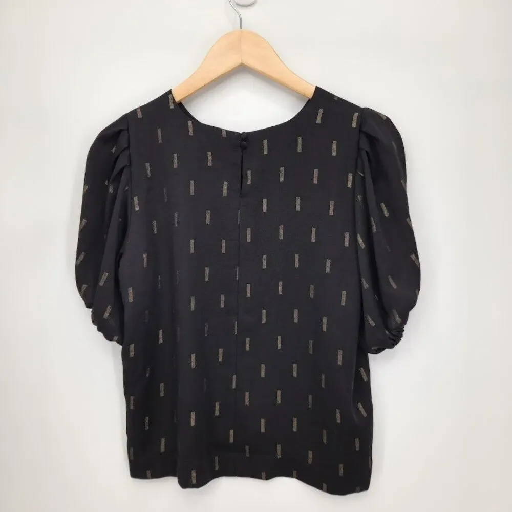 New Madewell Metallic Jacquard Puff-Sleeve Top Blouse Black Gold Size XS